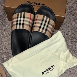 Burberry Beige and Black Check Slides